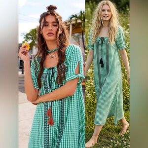 Free People Bohemian Embroidered Gingham Seersucker Cass Maxi Dress Green Small
